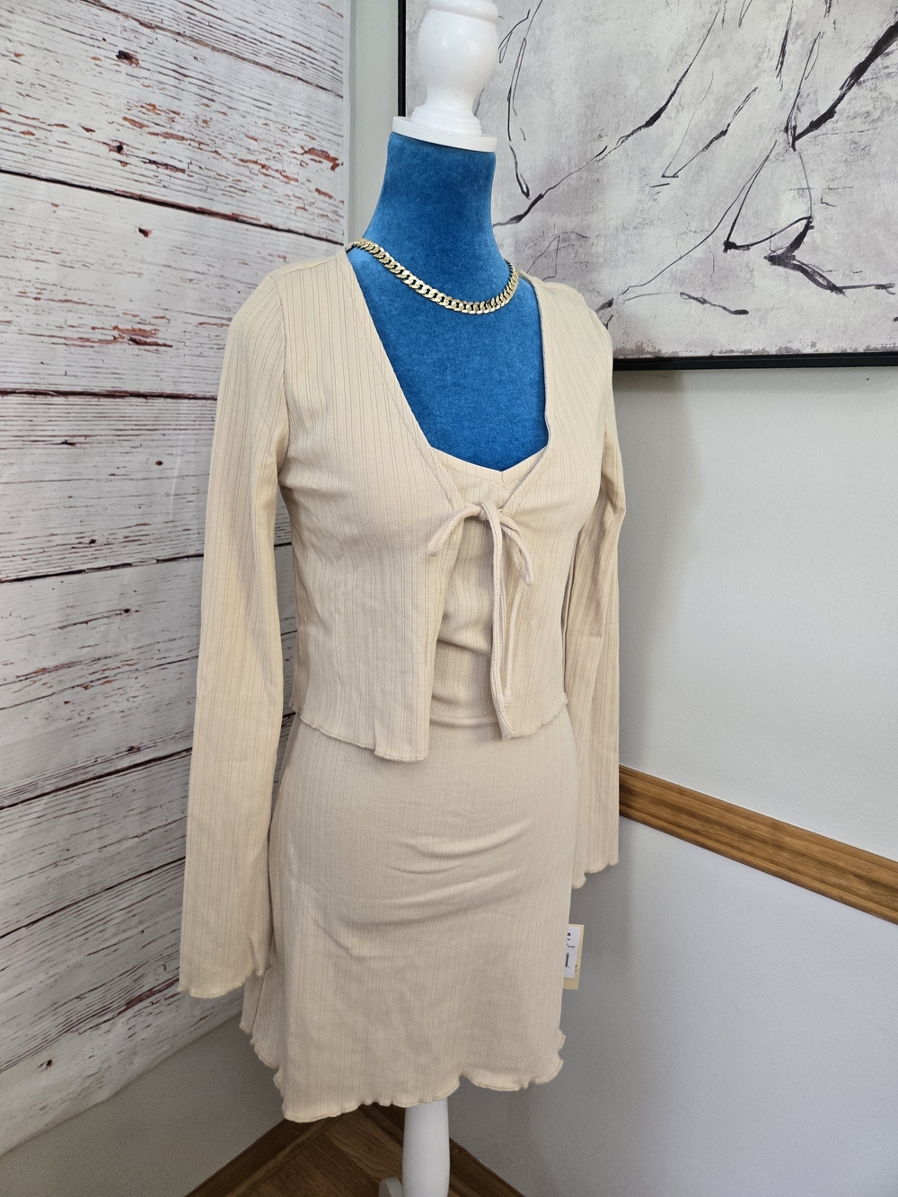 Live 10 Be Spoiled Women's 2-Piece Ribbed Mini Dress & Tie Front Cardiga Size M